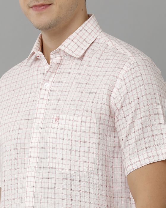 Linen Club Studio Men's Pure Linen Red Checks Regular Fit Half Sleeve Casual Shirt