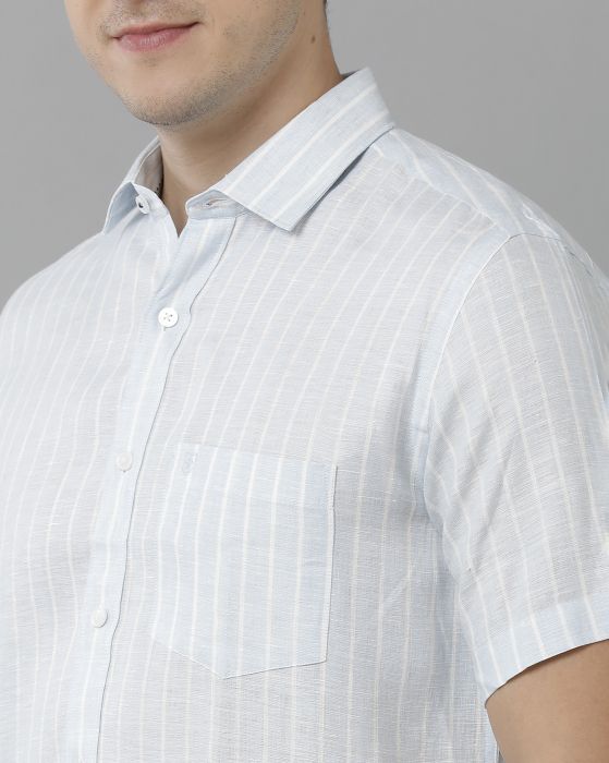 Linen Club Studio Men's Pure Linen Blue Striped Regular Fit Half Sleeve Casual Shirt