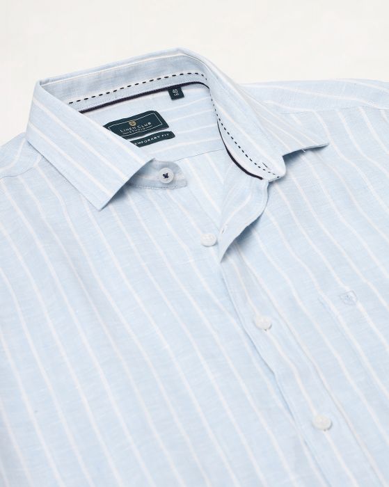 Linen Club Studio Men's Pure Linen Blue Striped Regular Fit Half Sleeve Casual Shirt