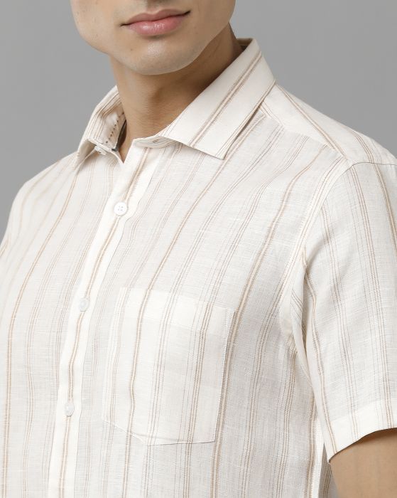 Linen Club Studio Men's Pure Linen Beige Striped Regular Fit Half Sleeve Casual Shirt