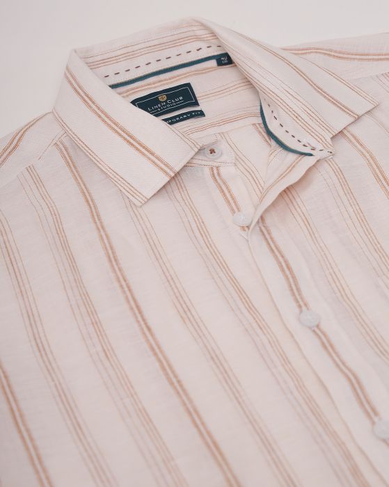 Linen Club Studio Men's Pure Linen Beige Striped Regular Fit Half Sleeve Casual Shirt