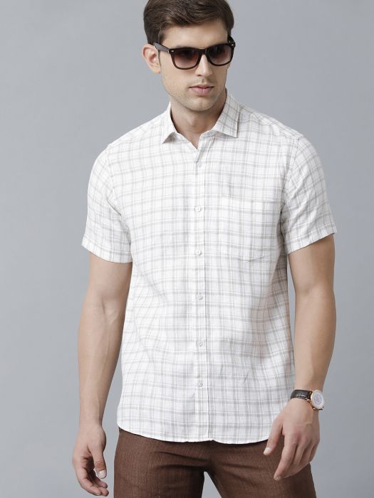 Linen Club Studio Men's Pure Linen Beige Checks Regular Fit Half Sleeve Casual Shirt