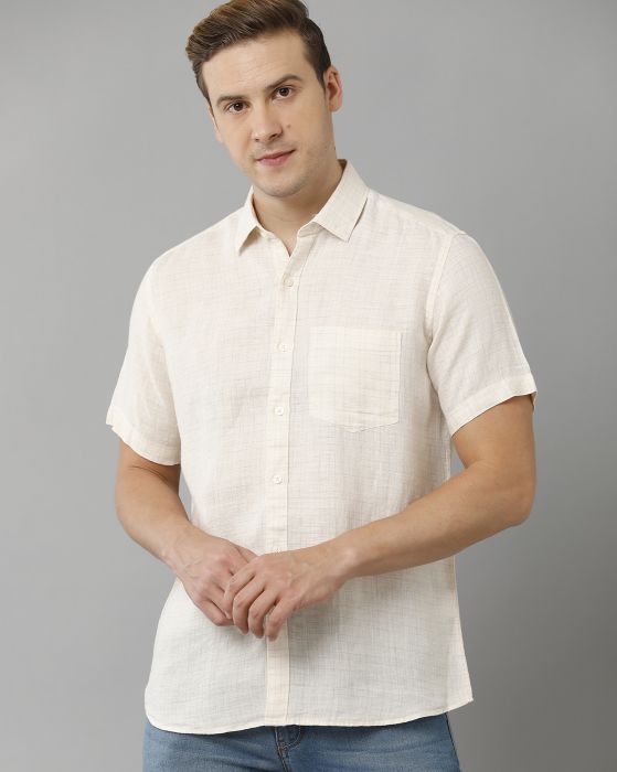 Linen Club Studio Men's Pure Linen Yellow Checks Regular Fit Half Sleeve Casual Shirt