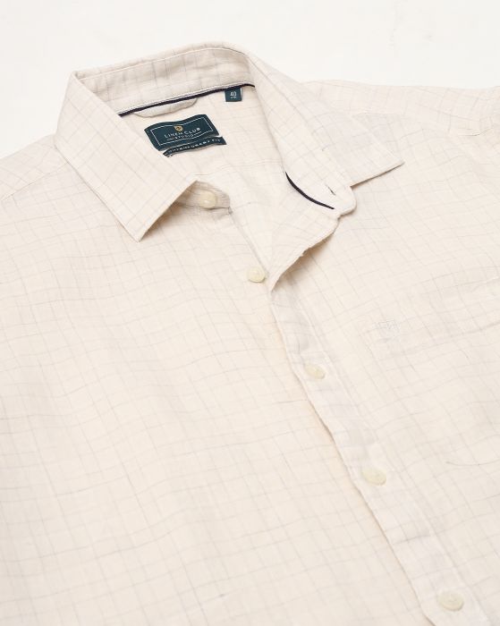 Linen Club Studio Men's Pure Linen Yellow Checks Regular Fit Half Sleeve Casual Shirt