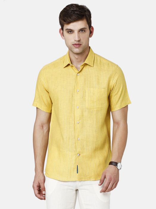 Linen Club Studio Men's Pure Linen Yellow Striped Regular Fit Half Sleeve Casual Shirt