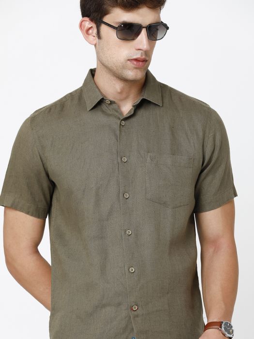 Linen Club Studio Men's Pure Linen Green Solid Regular Fit Half Sleeve Casual Shirt