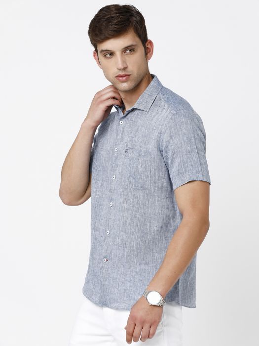 Linen Club Studio Men's Pure Linen Blue Solid Regular Fit Half Sleeve Casual Shirt