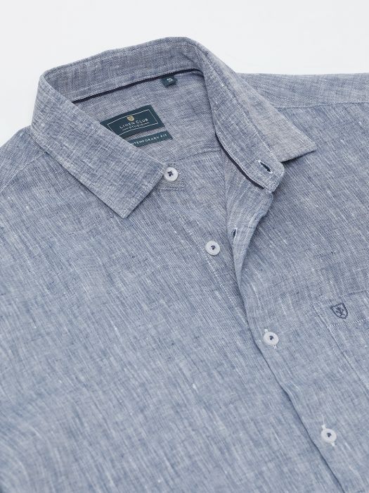 Linen Club Studio Men's Pure Linen Blue Solid Regular Fit Half Sleeve Casual Shirt