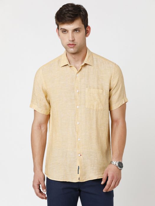 Linen Club Studio Men's Pure Linen Yellow Solid Regular Fit Half Sleeve Casual Shirt