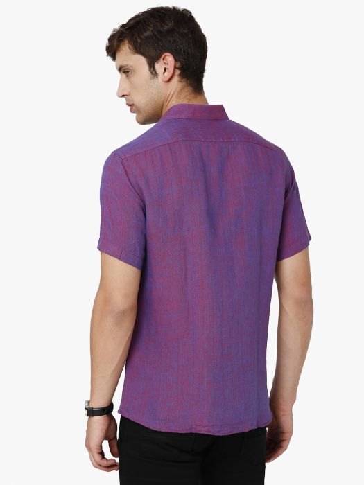 Linen Club Studio Men's Pure Linen Purple Solid Regular Fit Half Sleeve Casual Shirt