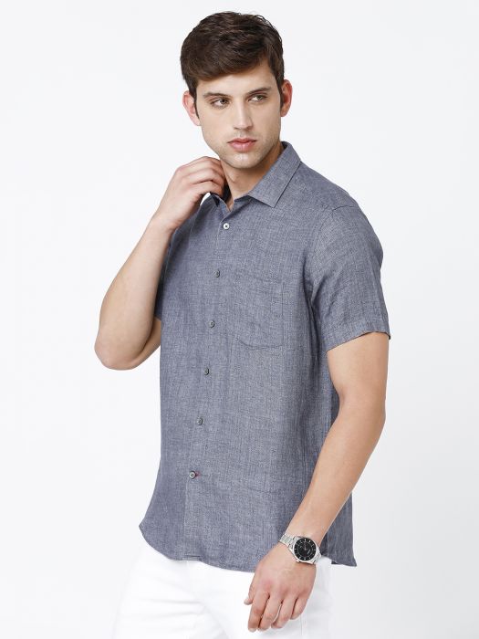 Linen Club Studio Men's Pure Linen Grey Solid Regular Fit Half Sleeve Casual Shirt