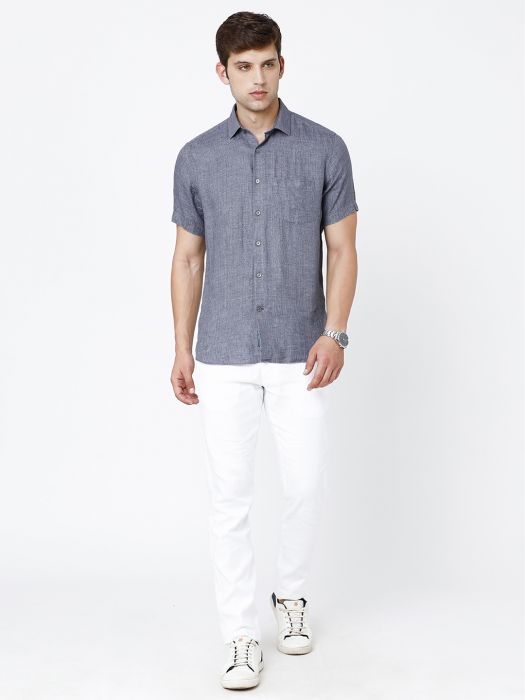Linen Club Studio Men's Pure Linen Grey Solid Regular Fit Half Sleeve Casual Shirt