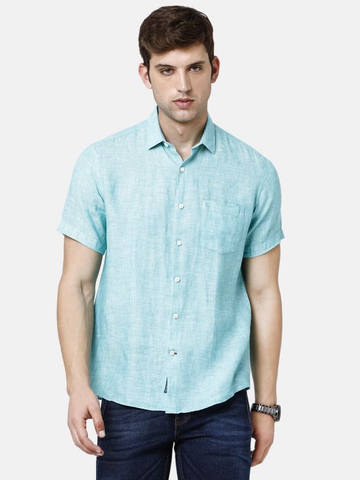 Linen Club Studio Men's Pure Linen Turquoise Blue Solid Regular Fit Half Sleeve Casual Shirt