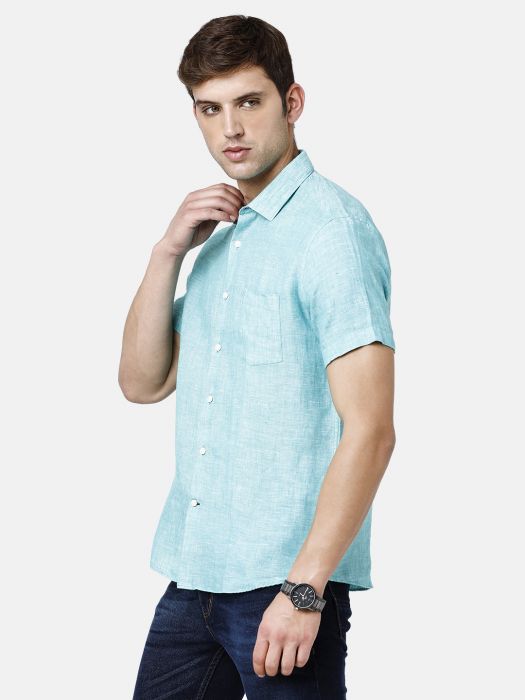 Linen Club Studio Men's Pure Linen Turquoise Blue Solid Regular Fit Half Sleeve Casual Shirt
