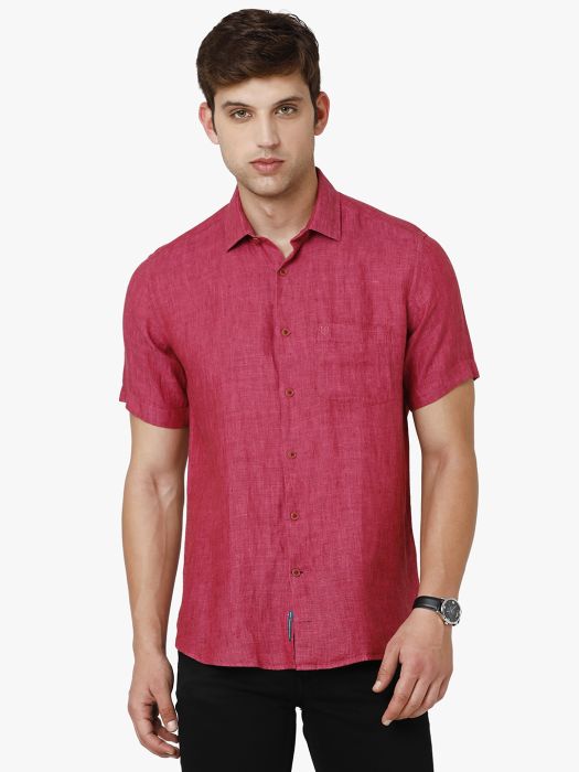 Linen Club Studio Men's Pure Linen Red Solid Regular Fit Half Sleeve Casual Shirt