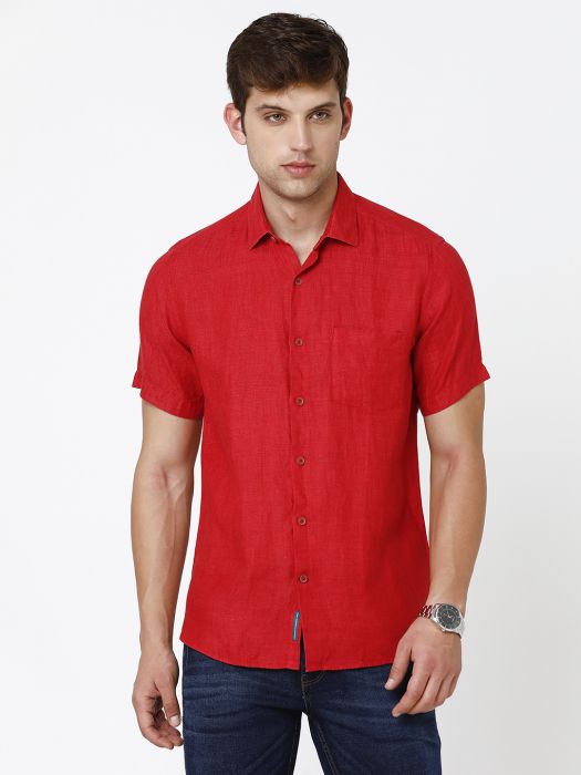 Linen Club Studio Men's Pure Linen Red Solid Regular Fit Half Sleeve Casual Shirt