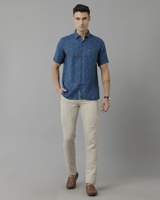 Linen Club Studio Men's Pure Linen Blue Printed Regular Fit Half Sleeve Casual Shirt