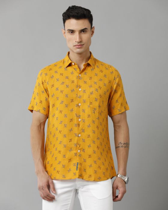 Linen Club Studio Men's Pure Linen Yellow Printed Regular Fit Half Sleeve Casual Shirt