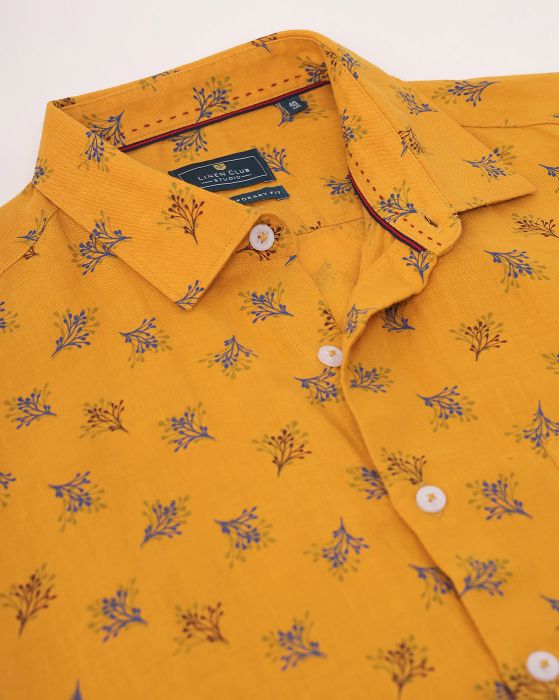 Linen Club Studio Men's Pure Linen Yellow Printed Regular Fit Half Sleeve Casual Shirt