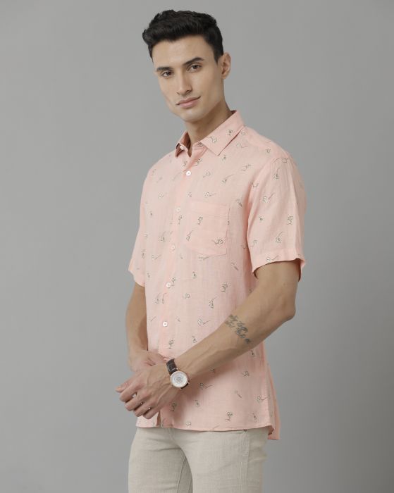 Linen Club Studio Men's Pure Linen Pink Printed Regular Fit Half Sleeve Casual Shirt