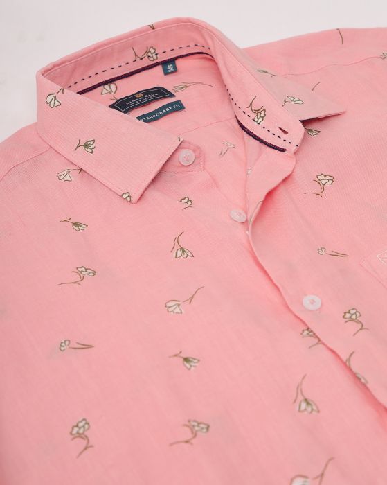 Linen Club Studio Men's Pure Linen Pink Printed Regular Fit Half Sleeve Casual Shirt