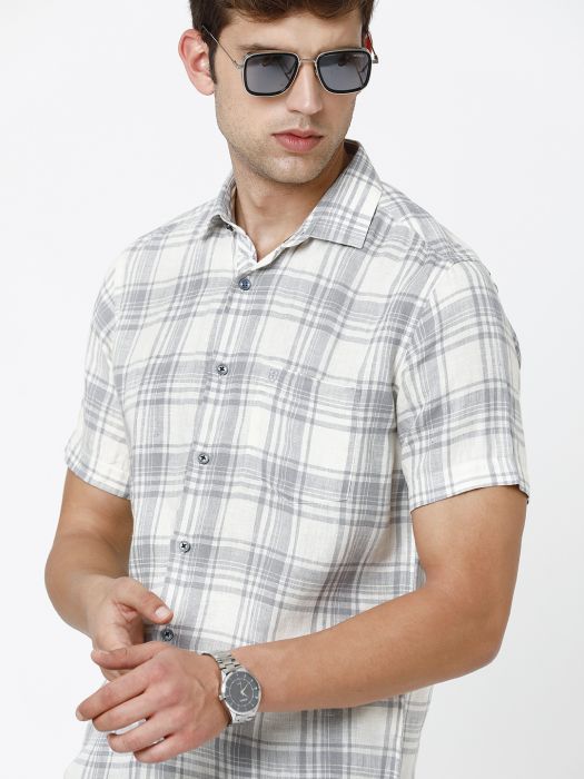 Linen Club Studio Men's Pure Linen Grey Checks Regular Fit Half Sleeve Casual Shirt