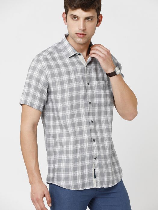 Linen Club Studio Men's Pure Linen Grey Checks Regular Fit Half Sleeve Casual Shirt