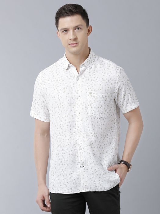 Linen Club Studio Men's Pure Linen White Printed Regular Fit Half Sleeve Casual Shirt