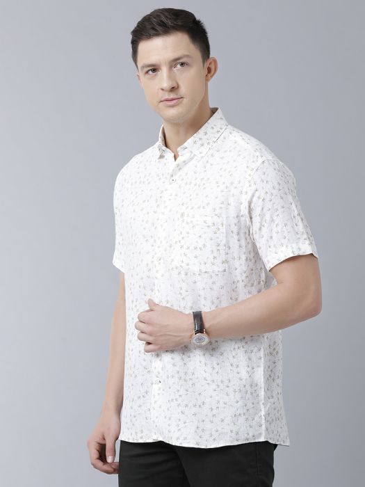 Linen Club Studio Men's Pure Linen White Printed Regular Fit Half Sleeve Casual Shirt