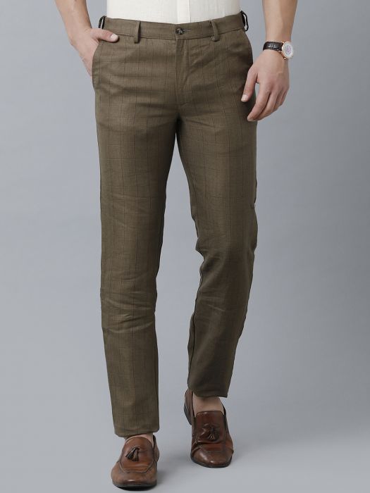 Linen Club Studio Men's Linen Brown Checks Mid-Rise Slim Fit Trouser