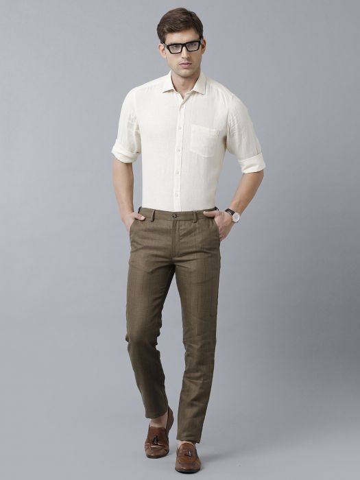Linen Club Studio Men's Linen Brown Checks Mid-Rise Slim Fit Trouser