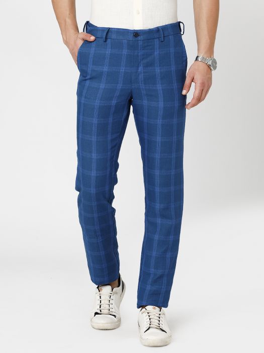 Linen Club Studio Men's Linen Blue Checks Mid-Rise Slim Fit Trouser