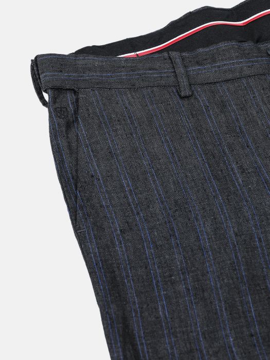 Linen Club Studio Men's Linen Blue Striped Mid-Rise Slim Fit Trouser
