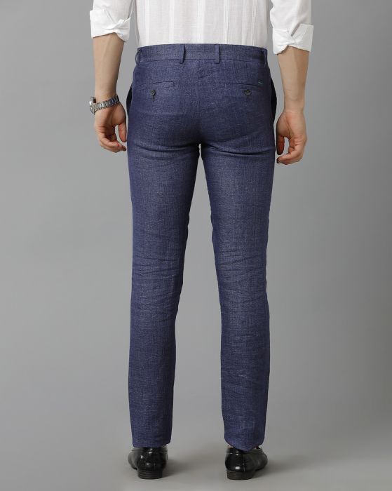 Linen Club Studio Men's Linen Blue Solid Mid-Rise Slim Fit Trouser