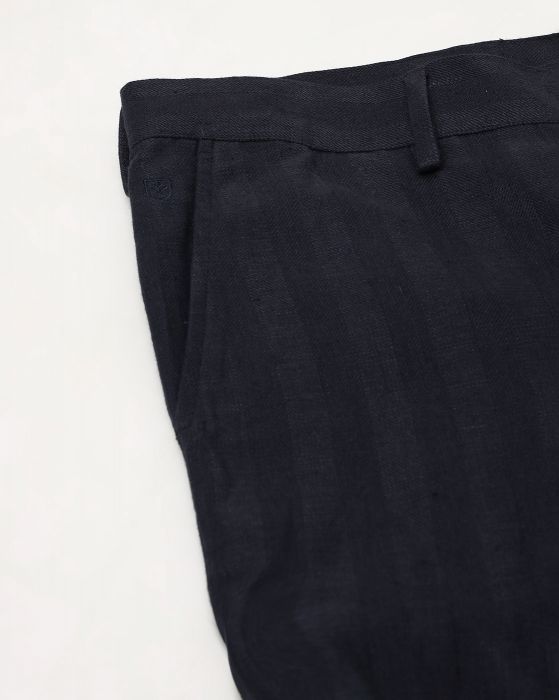 Linen Club Studio Men's Linen Blue Striped Mid-Rise Slim Fit Trouser