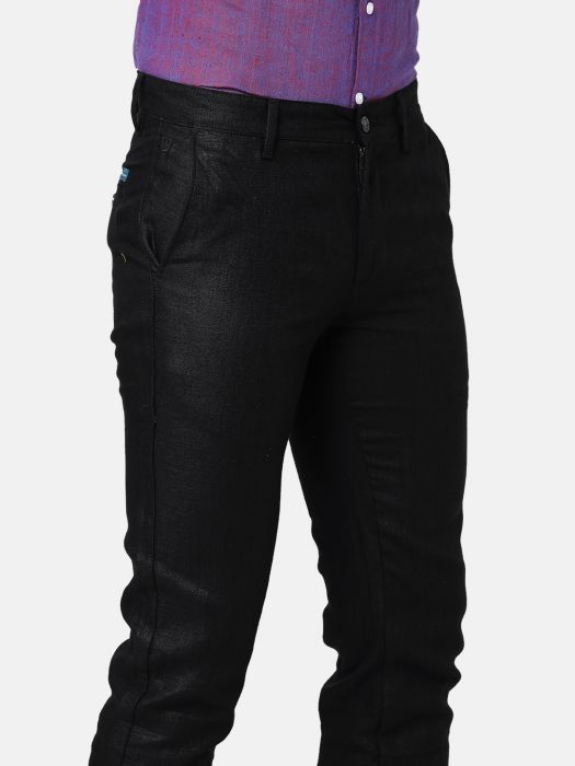 Linen Club Studio Men's Linen Black Solid Mid-Rise Slim Fit Trouser