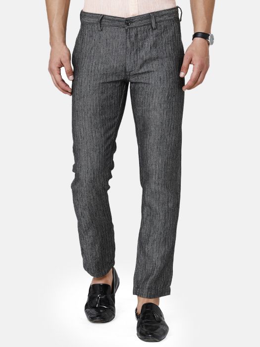 Linen Club Studio Men's Linen Grey Solid Mid-Rise Slim Fit Trouser