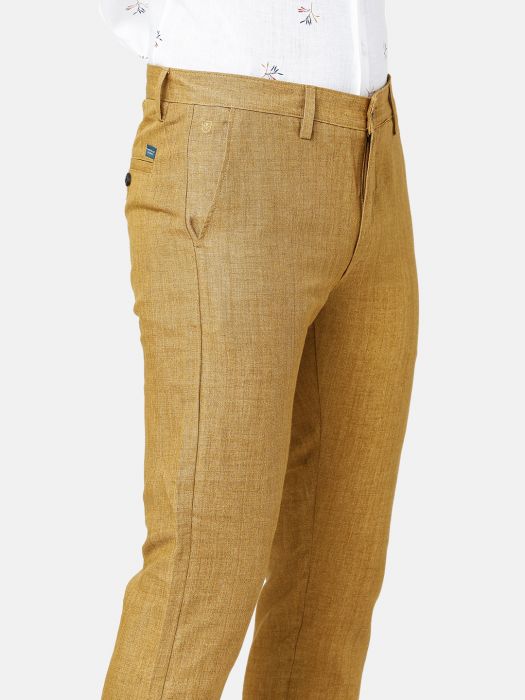 Linen Club Studio Men's Linen Yellow Solid Mid-Rise Slim Fit Trouser