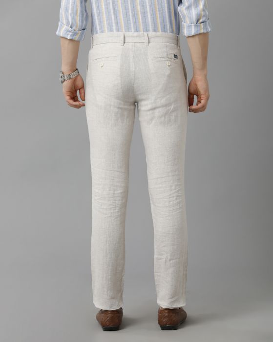 Linen Club Studio Men's Linen Off White Solid Mid-Rise Slim Fit Trouser