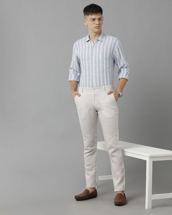 Linen Club Studio Men's Linen Off White Solid Mid-Rise Slim Fit Trouser