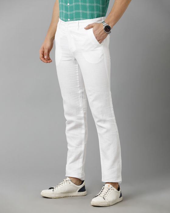 Linen Club Studio Men's Linen White Solid Mid-Rise Slim Fit Trouser