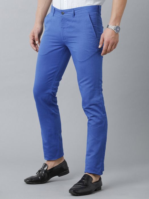 Linen Club Studio Men's Linen Blue Solid Mid-Rise Slim Fit Trouser