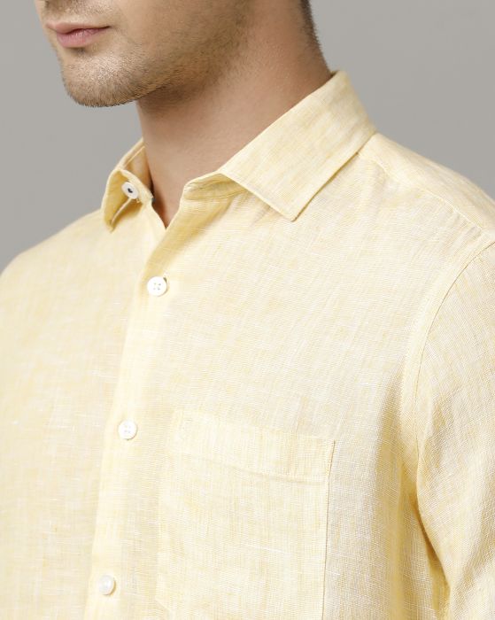 Linen Club Men's Pure Linen Yellow Chambray Contemporary fit Full sleeve Casual Shirt