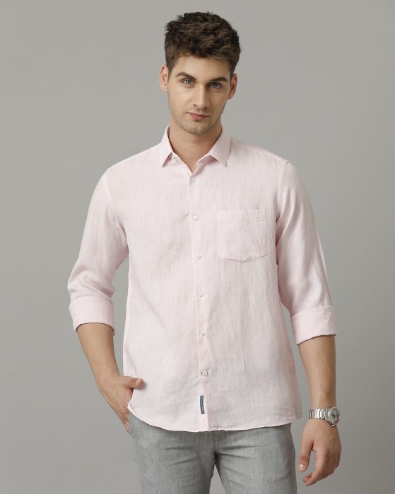 Linen Club Men's Pure Linen Pink Chambray Contemporary fit Full sleeve Casual Shirt