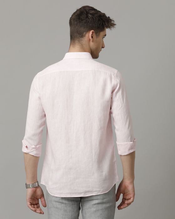 Linen Club Men's Pure Linen Pink Chambray Contemporary fit Full sleeve Casual Shirt