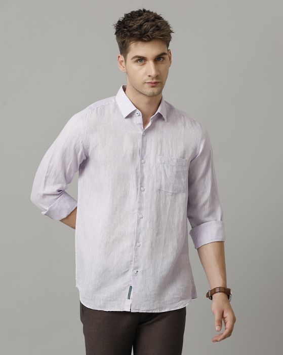 Linen Club Men's Pure Linen Purple Chambray Contemporary fit Full sleeve Casual Shirt