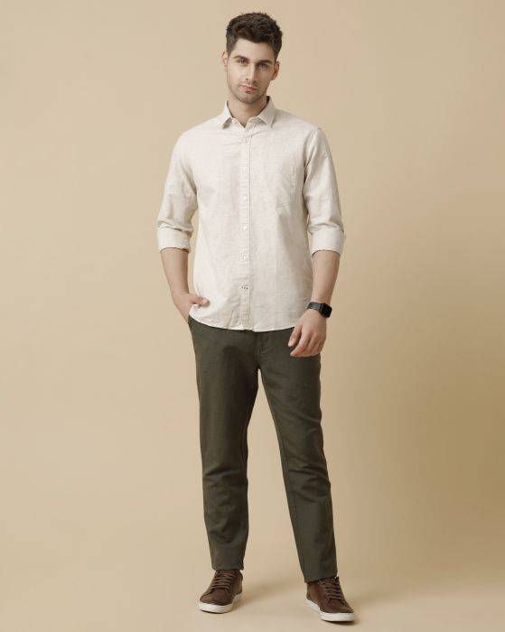 Linen Club Men's Linen Rich Beige Chambray Contemporary fit Full sleeve Casual Shirt