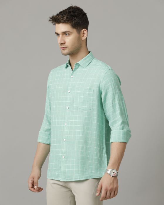 Linen Club Men's Pure Linen Green Checked Contemporary fit Full sleeve Casual Shirt