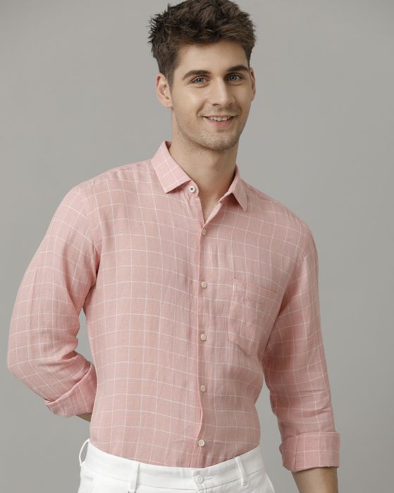 Linen Club Men's Pure Linen Pink Checked Contemporary fit Full sleeve Casual Shirt