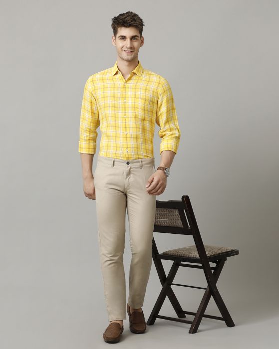Linen Club Men's Pure Linen Yellow Checked Contemporary fit Full sleeve Casual Shirt